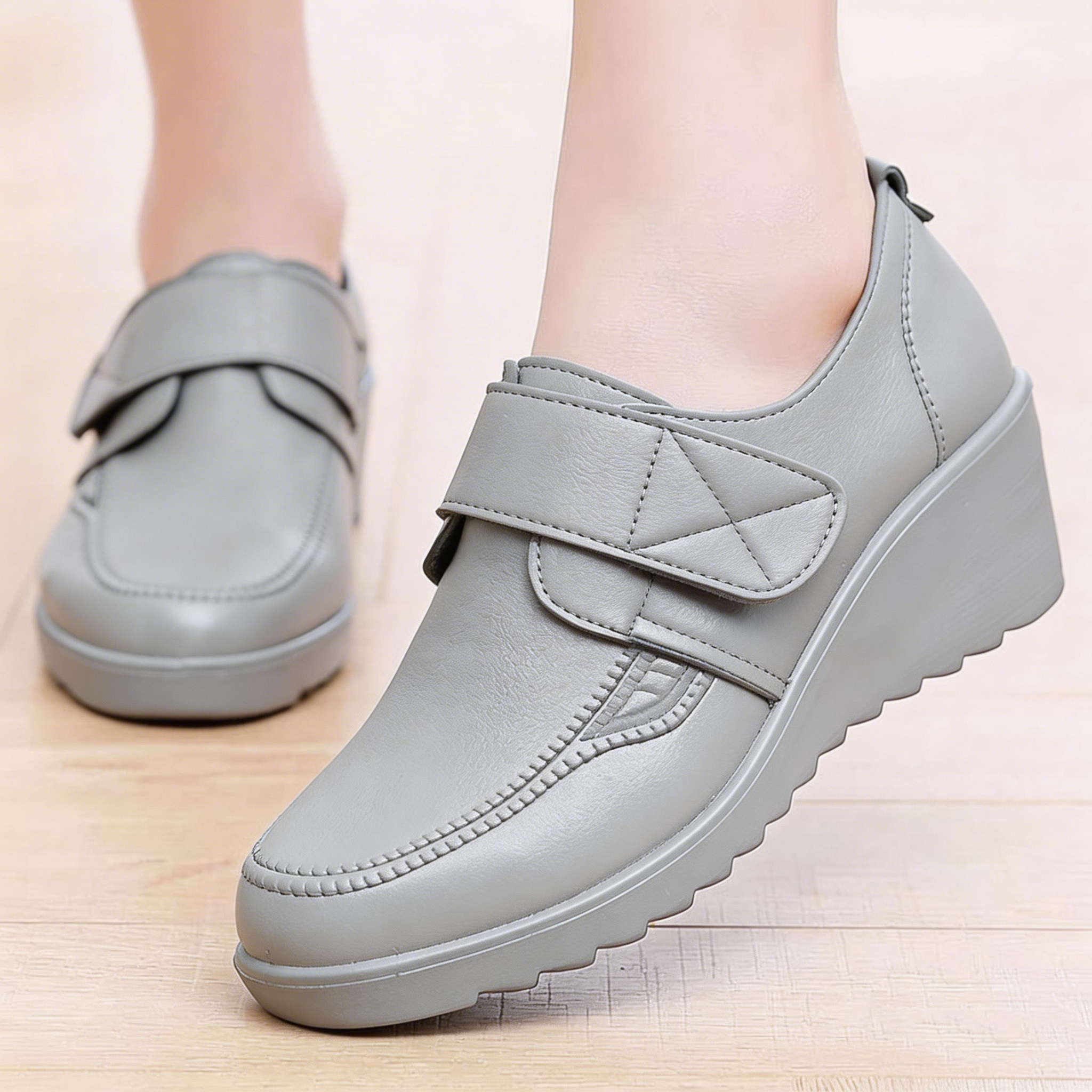 Comfortable Leather Wedge Shoes with Secure Velcro Strap for All-Day Comfort