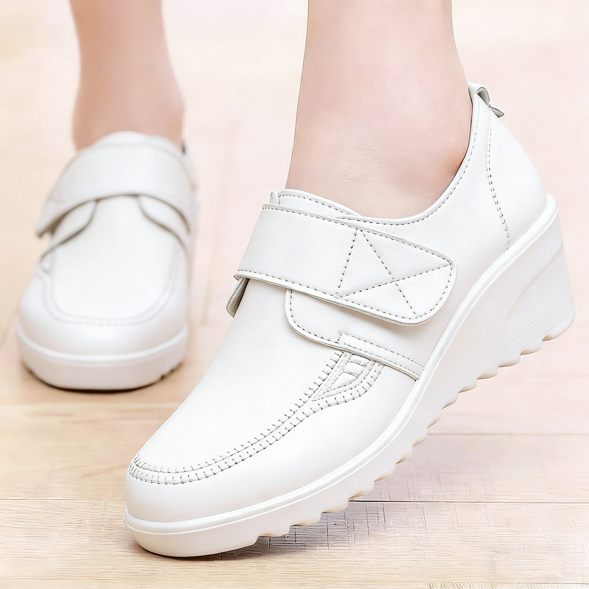 Comfortable Leather Wedge Shoes with Secure Velcro Strap for All-Day Comfort