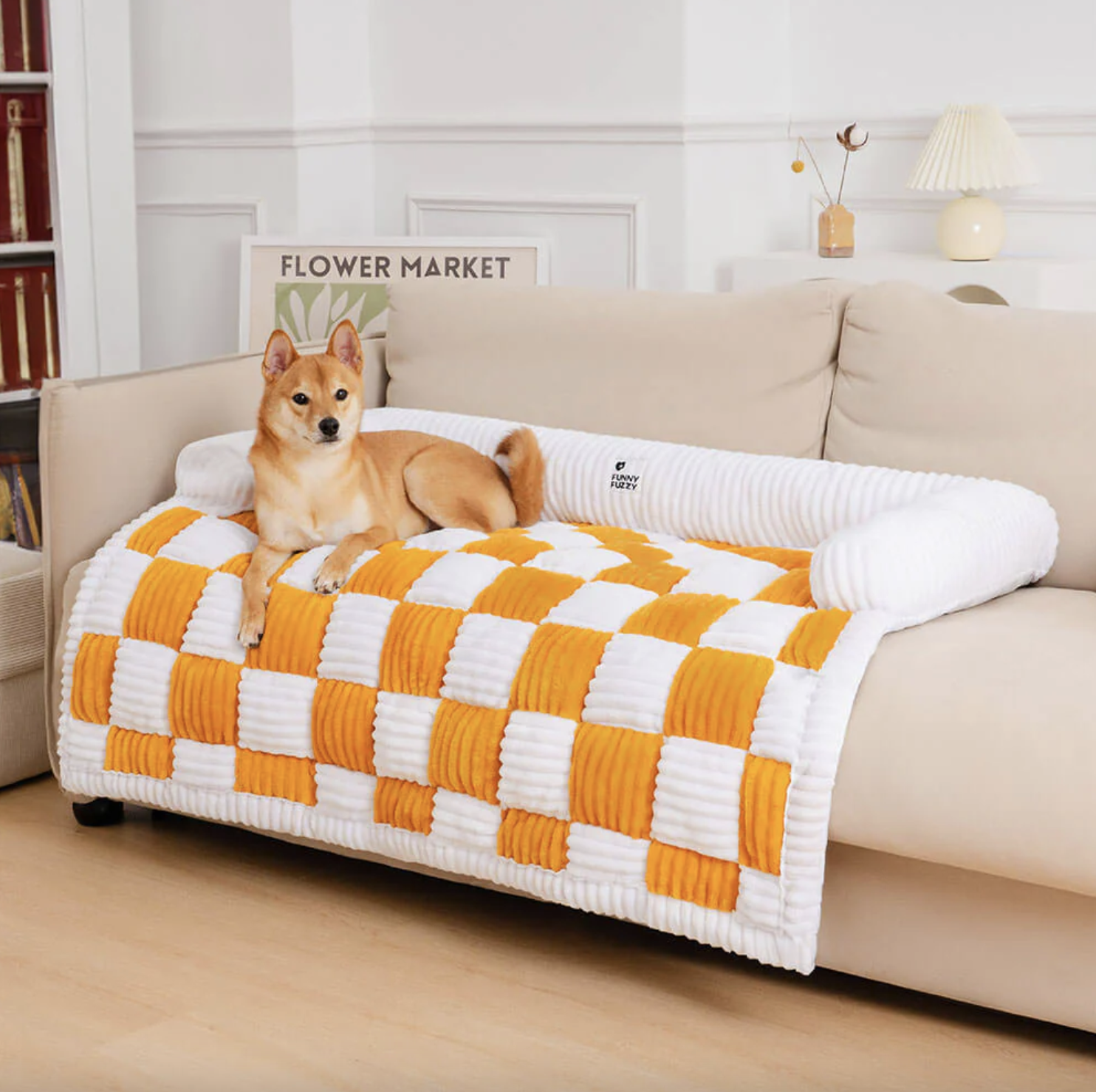 Cream Square Plaid Cozy Dog Mat Furniture Protector Cover