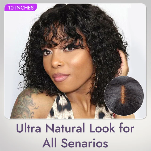 Beginner Friendly Water Wave Minimalist Lace Glueless Short Curly Wig with Bangs