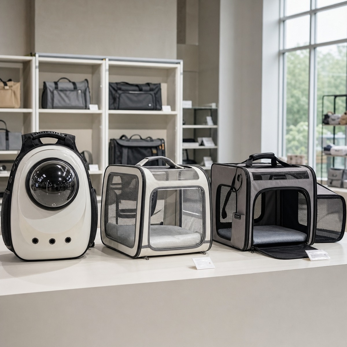 Factory showroom display of space capsule, transparent window, and expandable pet carriers