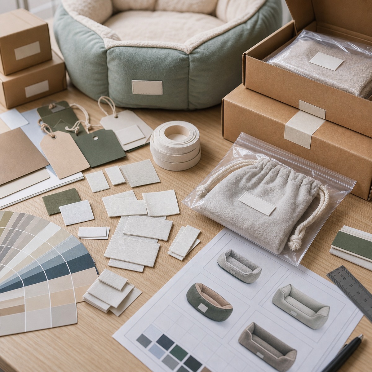Custom pet bed branding and packaging samples in a pet supplies factory