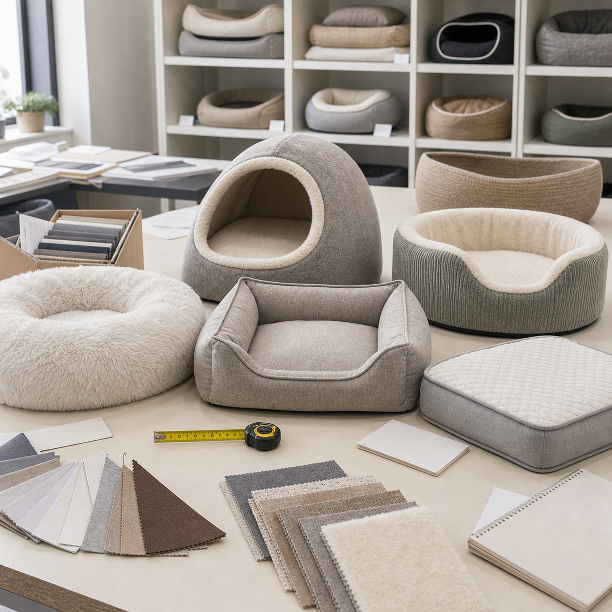 2026 U.S. wholesale cat bed trends with cave, donut, bolster, and washable cushion styles in a factory sample room