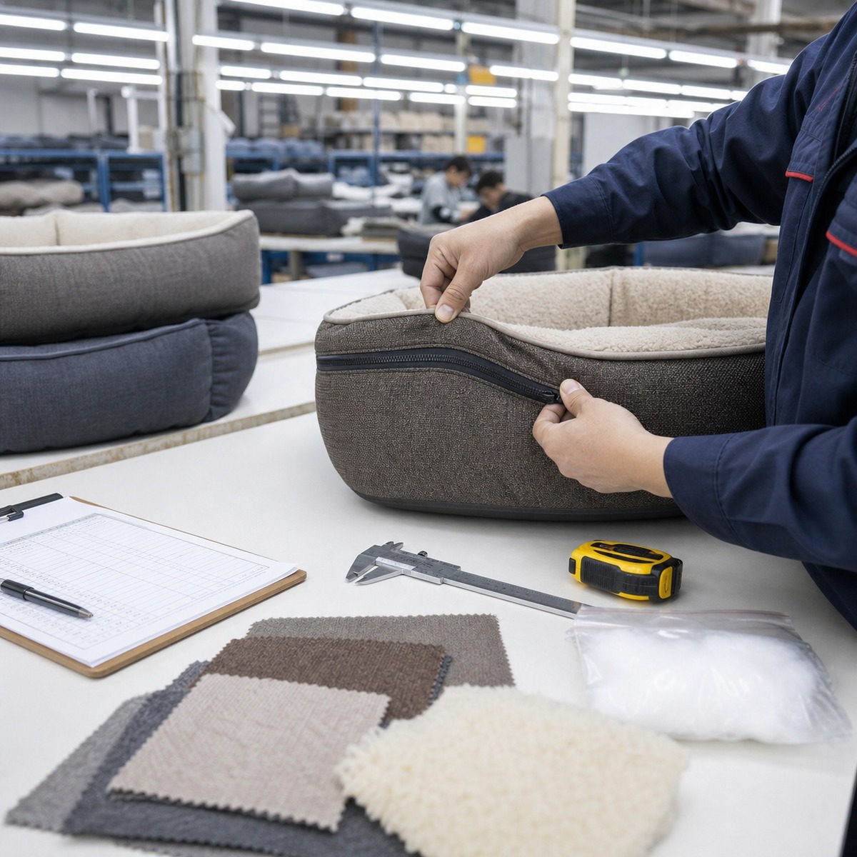 Factory quality inspection of a wholesale dog bed sample with checklist and measuring tools
