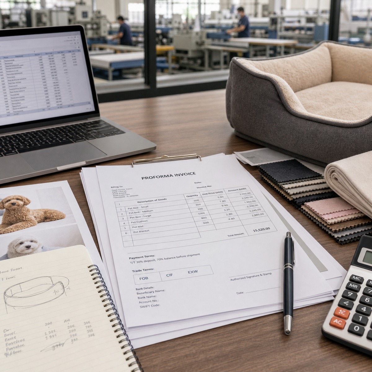 Factory proforma invoice with payment terms, calculator, fabric swatches, and a pet bed sample