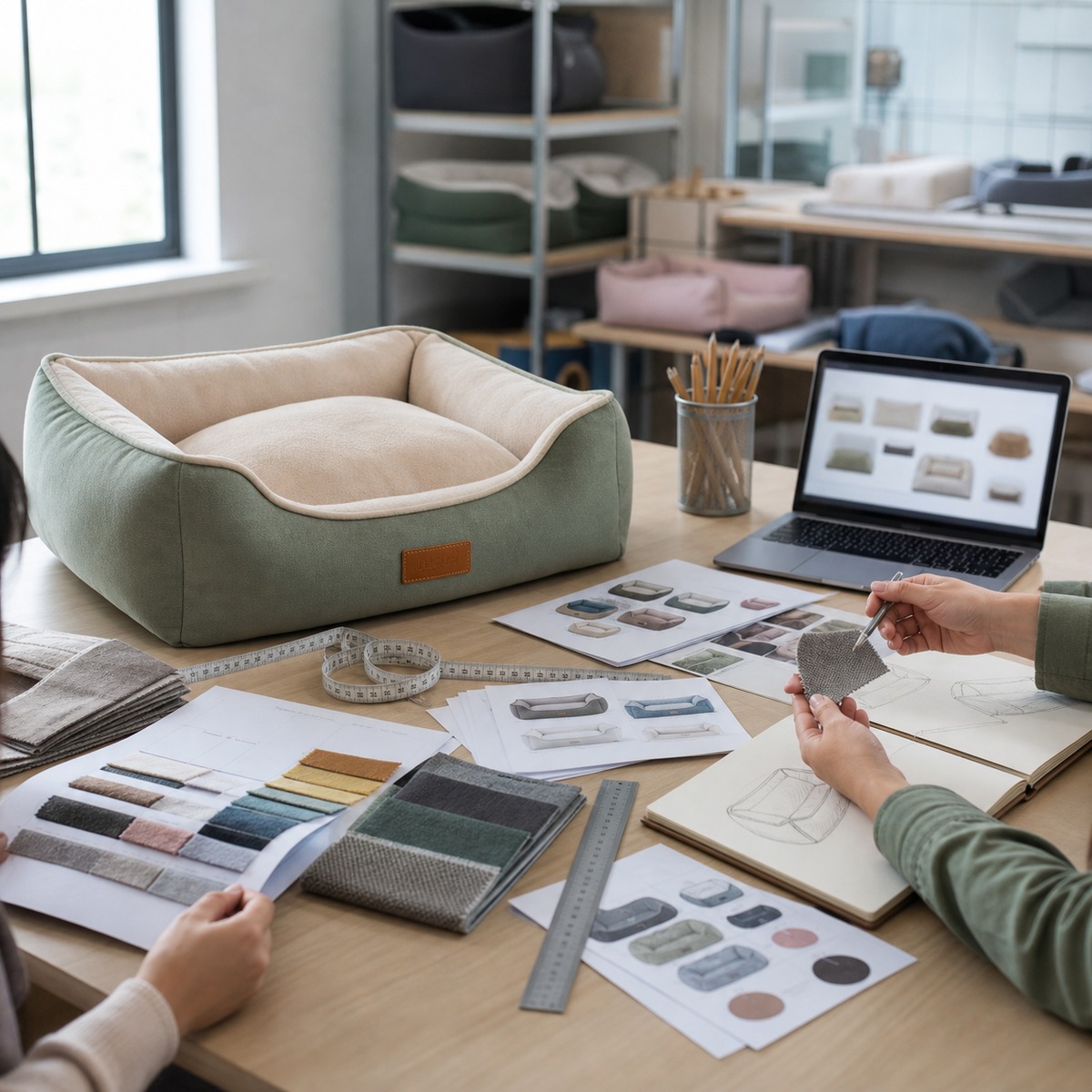 Pet bed OEM project planning table with fabric samples, sketches, and product prototypes