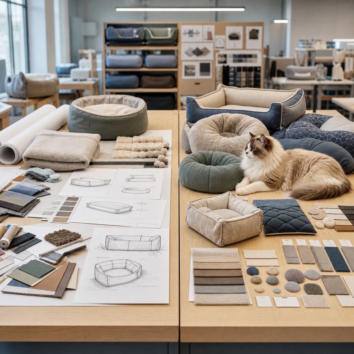 OEM and ODM custom pet bed samples displayed in a pet supplies factory showroom