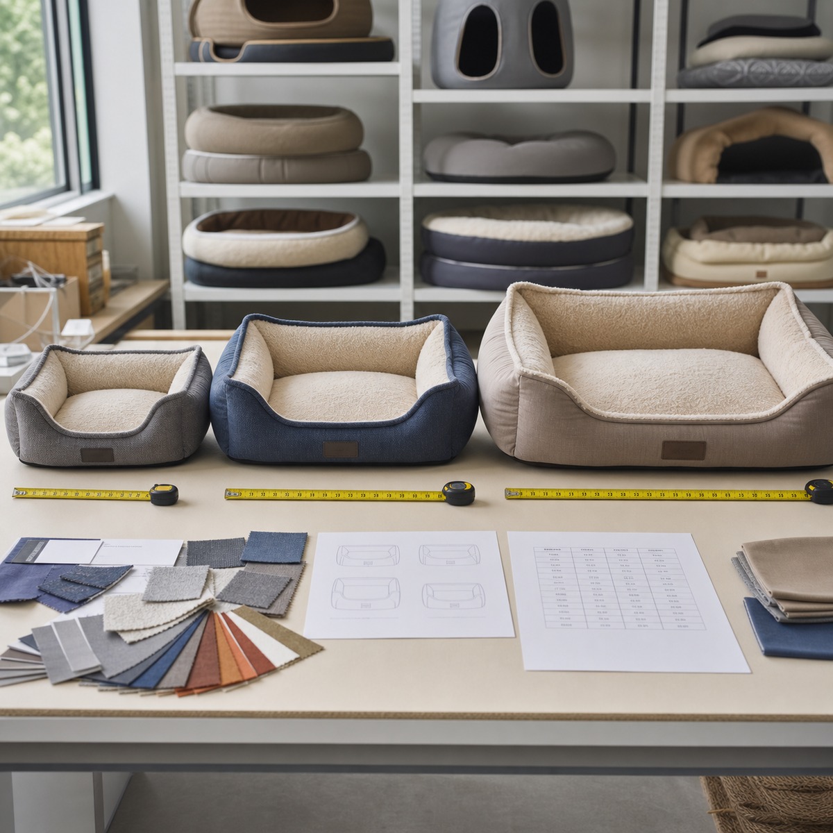 Pet bed size guide with small, medium, and large samples, measuring tape, and fabric swatches