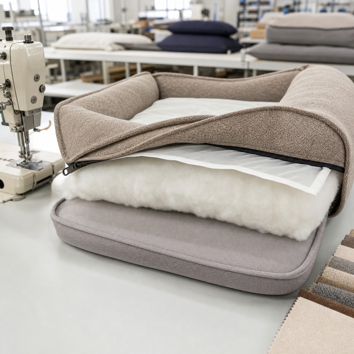 Removable washable pet bed construction with unzipped cover, liner, filling, and sewing details
