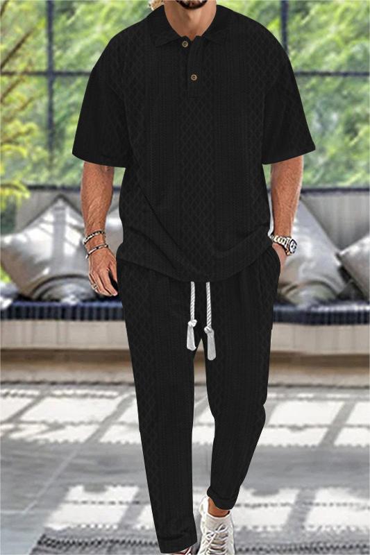 Casual Trousers And Lapel Jacquard Knitted Top Set