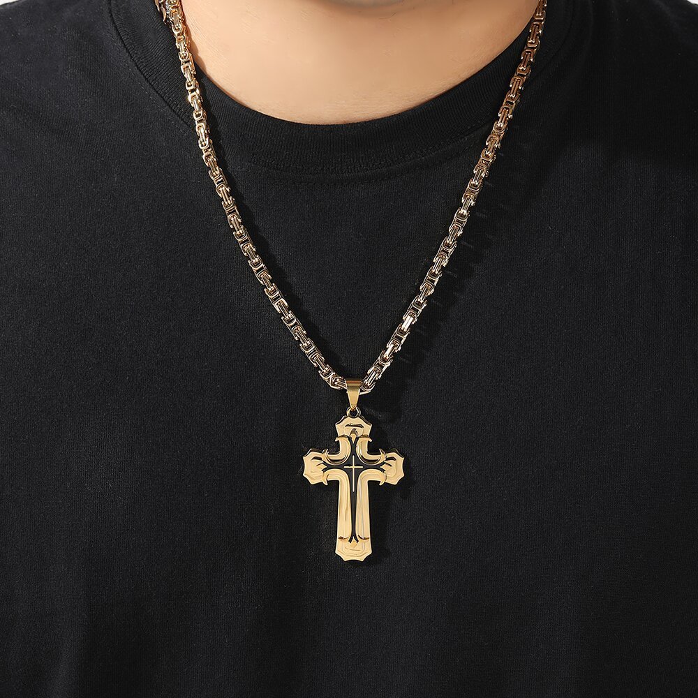 Long Domineering Pattern Cross Pendant Necklace