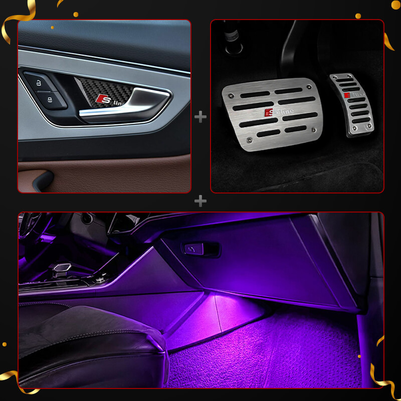 Premium Audi Interior Upgrade Bundle: LED Footwell Lights, Door Bowl Trim & Non-Slip Pedal Covers