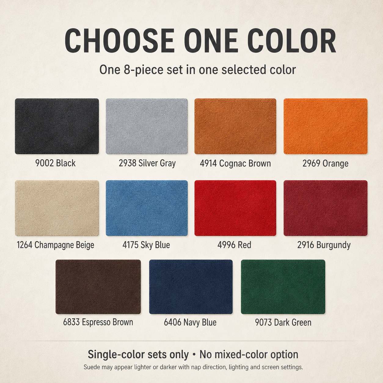 Eleven single-color suede options with product color codes