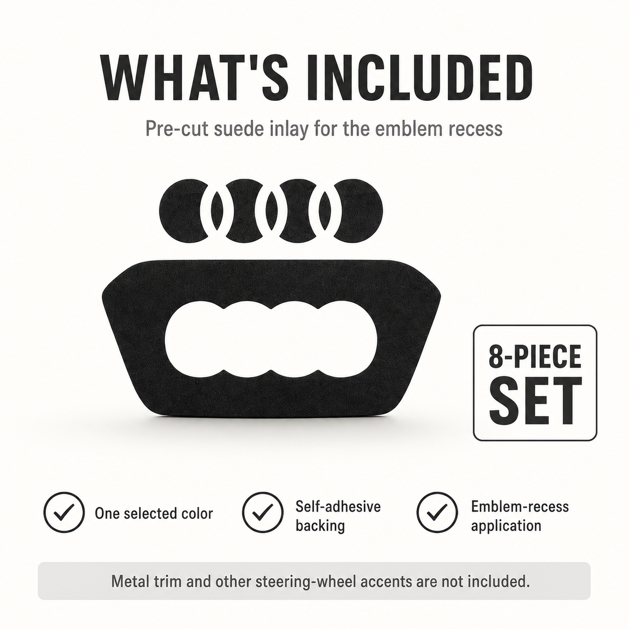 Contents of the eight-piece suede emblem-inlay set