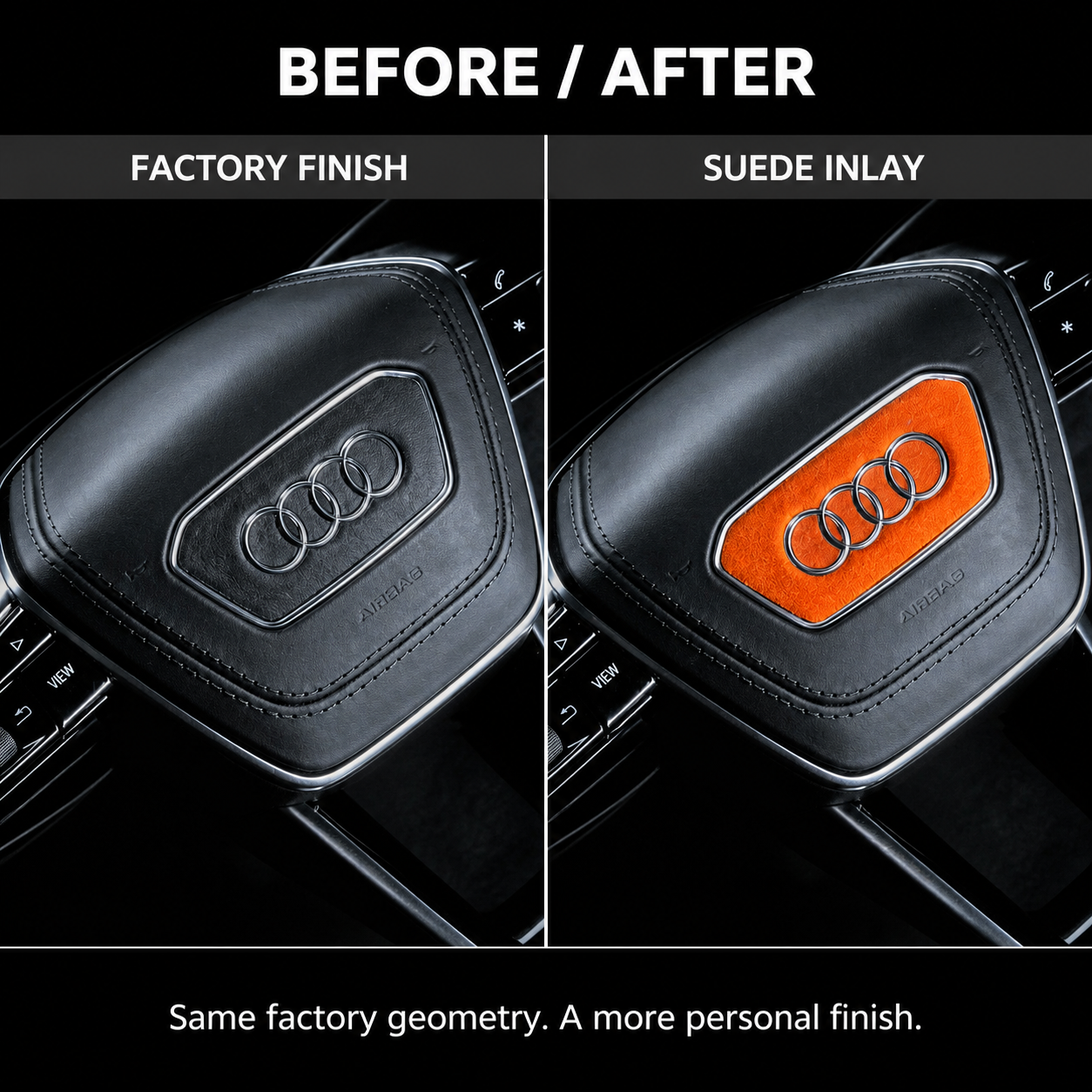 Factory finish compared with the installed orange suede inlay
