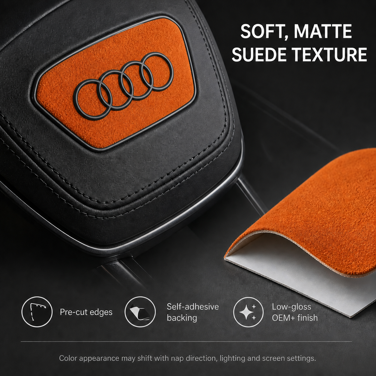 Close-up of the suede texture and adhesive backing