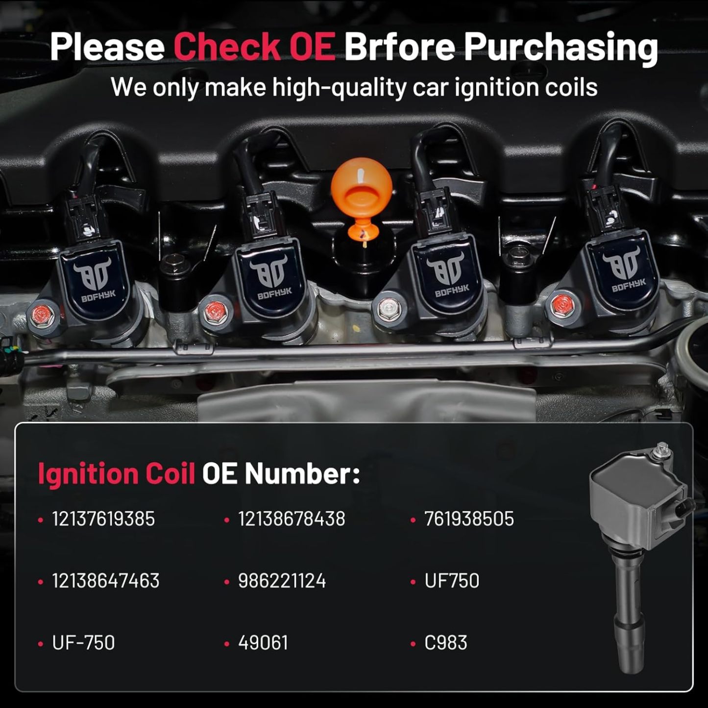 Asign 6PCS Ignition Coil Pack UF750 Compatible with BMW 230i, 330i, 340i, 530i, 540i, 740i, 840i, X1, X3, X5, X7 (2017-2023), Replaces# 12137619385, 12138678438