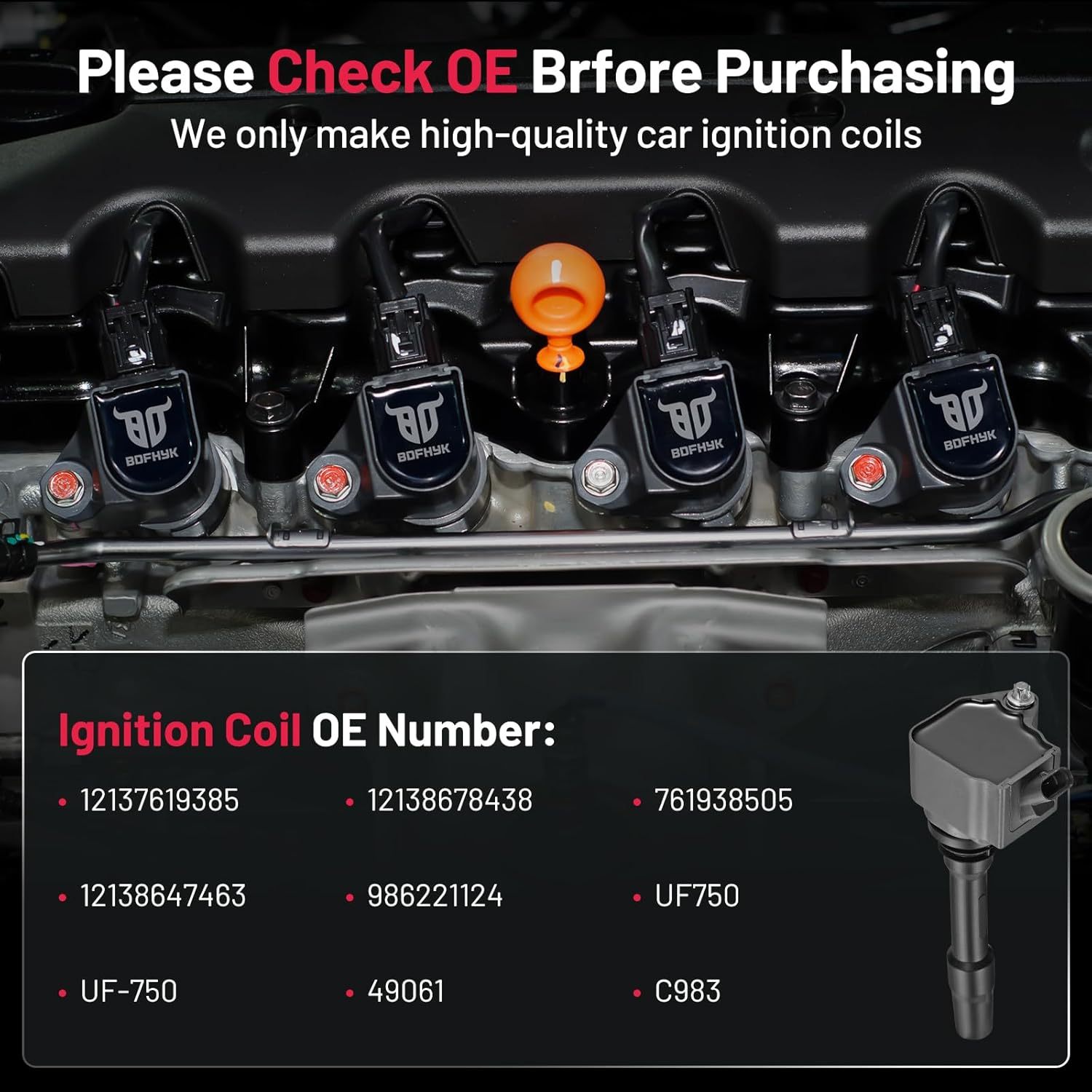 Asign 6PCS Ignition Coil Pack UF750 Compatible with BMW 230i, 330i, 340i, 530i, 540i, 740i, 840i, X1, X3, X5, X7 (2017-2023), Replaces# 12137619385, 12138678438