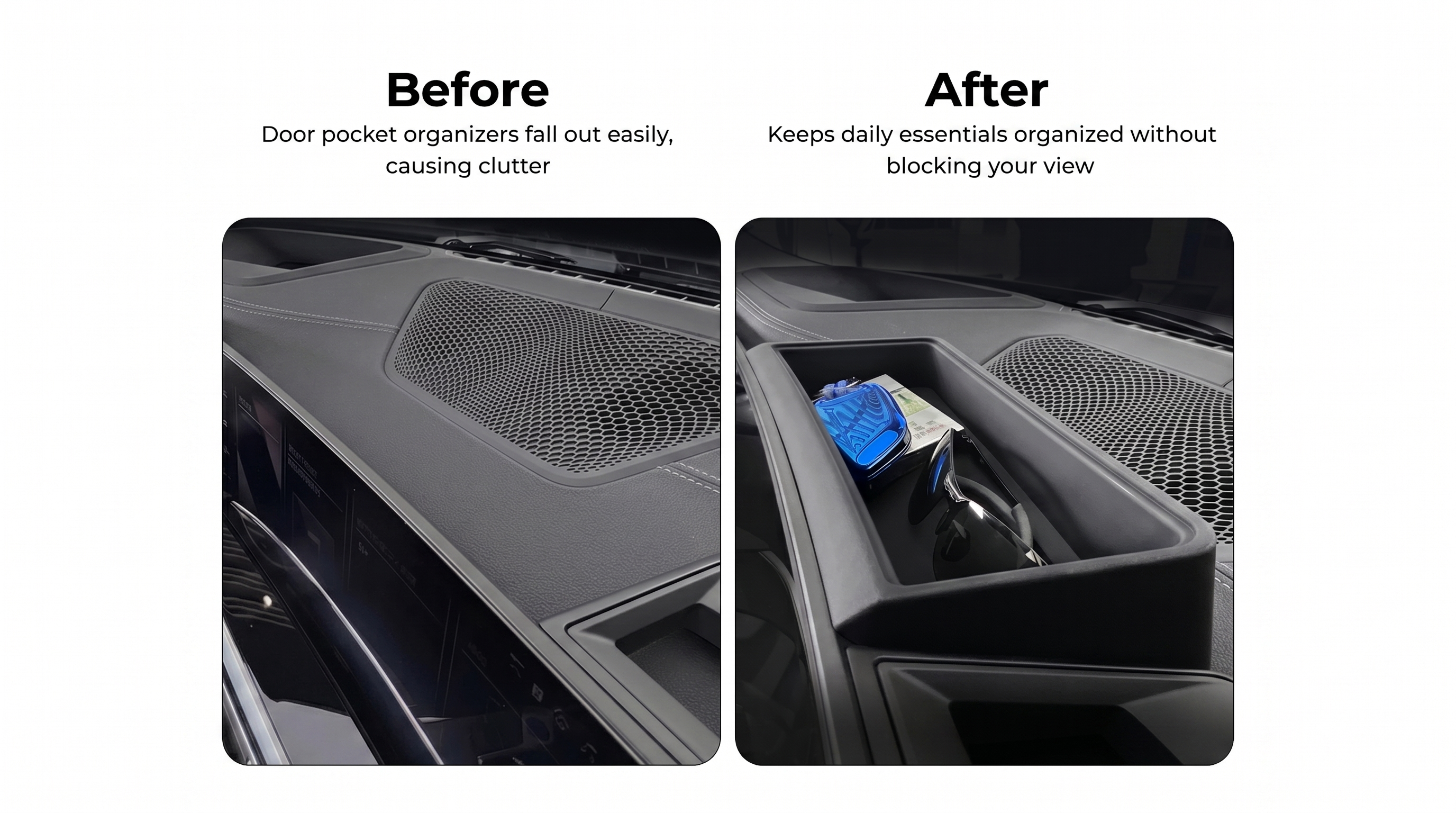 Before and after comparison of a car dashboard organizer tray, showing neatly stored sunglasses and daily essentials without blocking the driver's view.