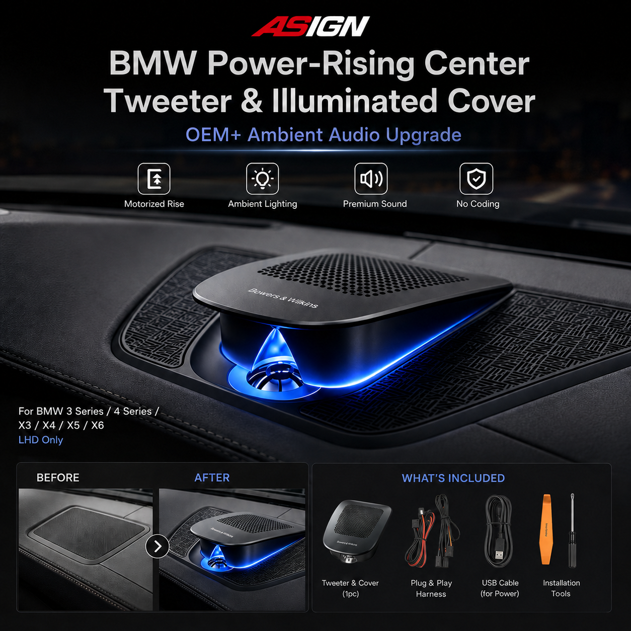 Asign Illuminated Lift-Up Center Speaker Grille With Ambient Lighting For BMW 3 Series / 4 Series / X3 / X4 / X5 / X6 – LHD Only