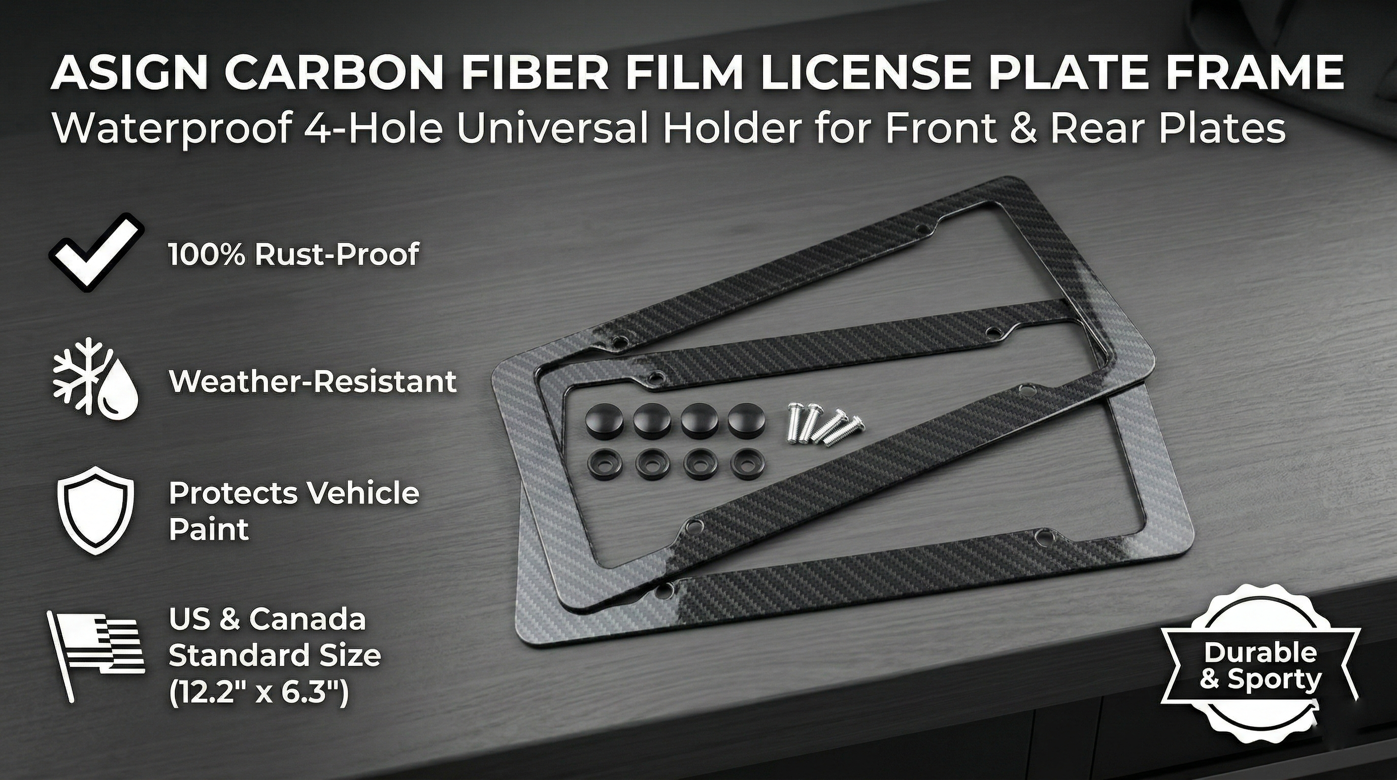 Asign Carbon Fiber Style License Plate Frame Kit with screws and bolt covers, highlighting 100% rust-proof and weather-resistant features for US & Canada cars.
