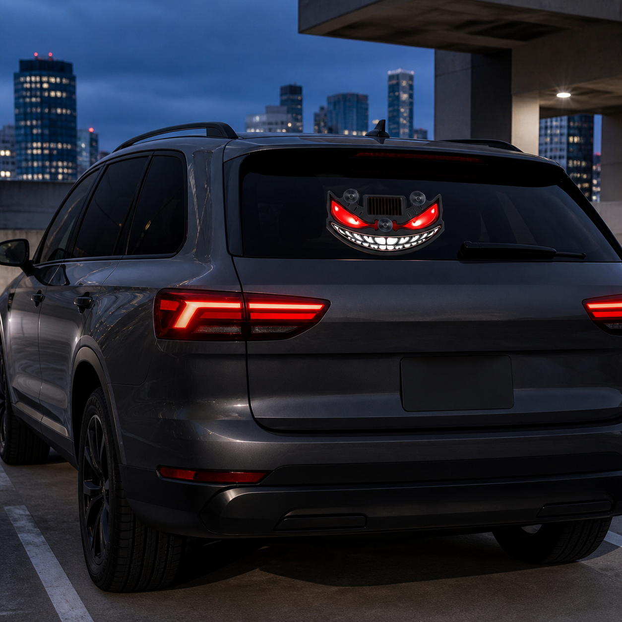 Solar LED expression light mounted inside an SUV rear window