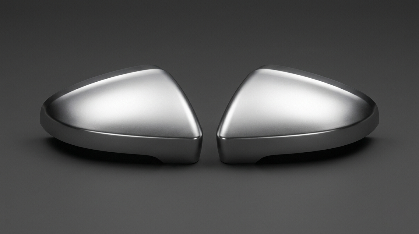 Pair of Audi matte chrome replacement mirror caps with satin aluminum finish, 1:1 OEM-style housing for A3 A4 A5 Q5 models.