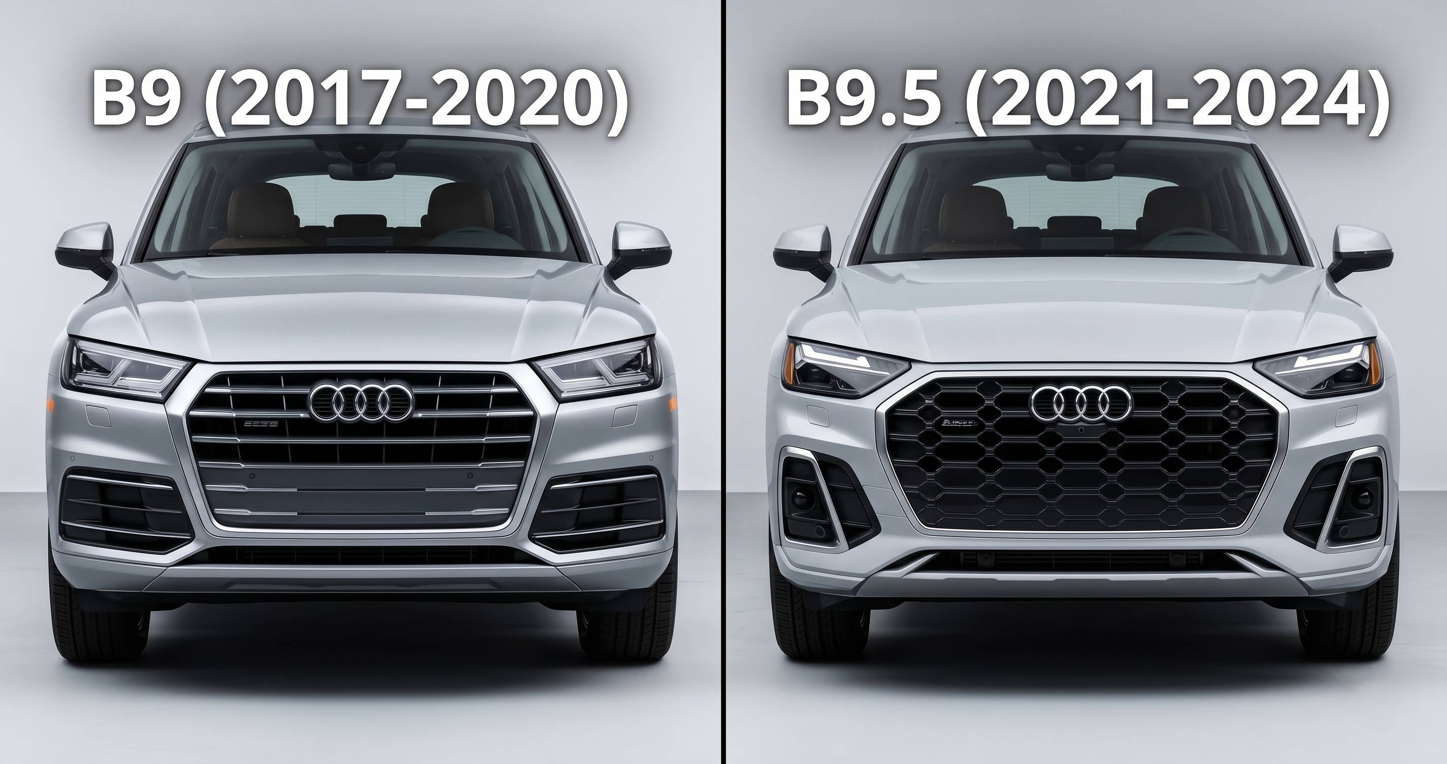 Side-by-side comparison of Audi Q5 B9 and B9.5 facelift front grilles showing design differences