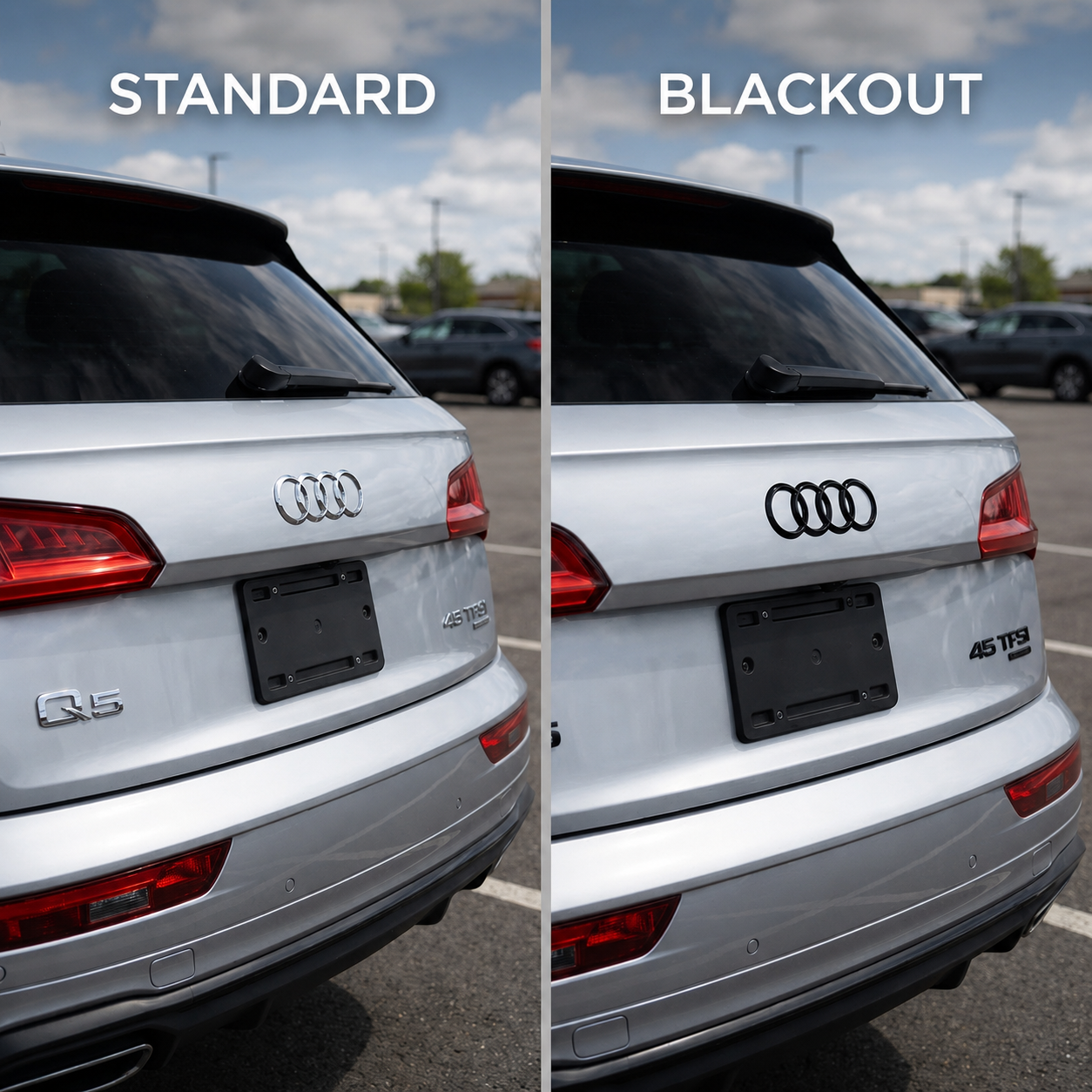 Audi Q5 rear trunk emblem replacement comparison showing factory silver badge versus gloss black blackout emblem