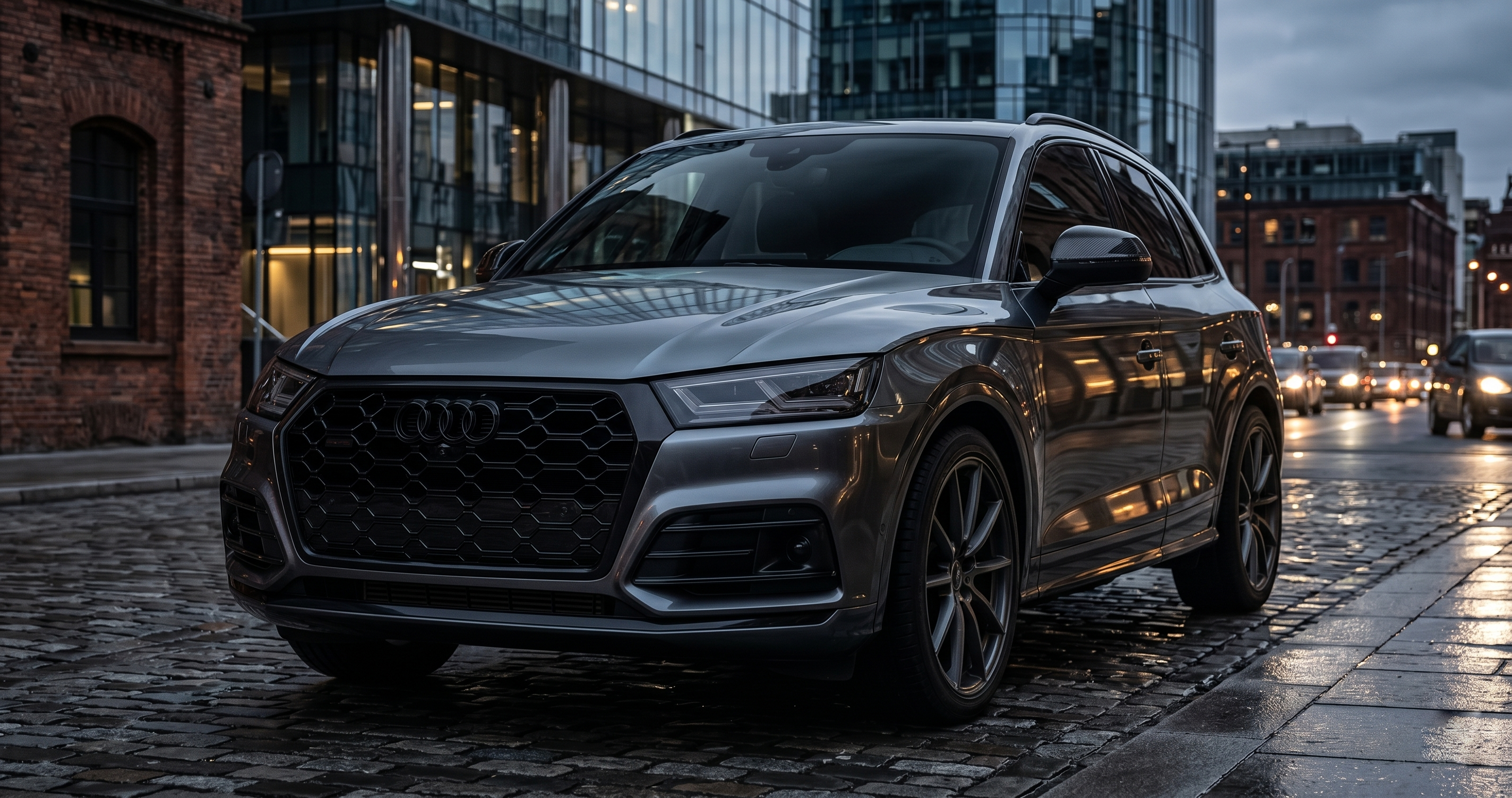 Dark Audi Q5 front view featuring a full chrome delete, gloss black honeycomb grille, black emblems, and M-Style carbon fiber mirror covers