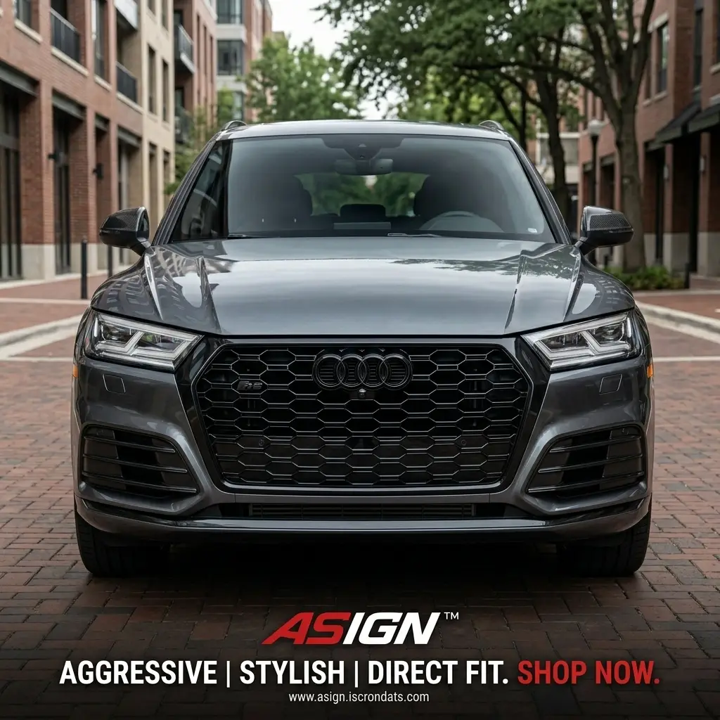Audi Q5 with installed gloss black honeycomb grille and black emblems aggressive look