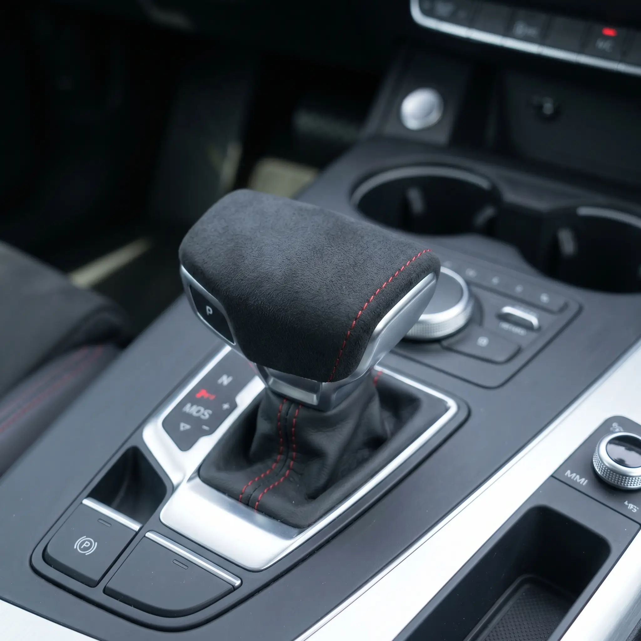 Audi Q5 interior upgrade featuring premium dark suede gear shift knob replacement trim
