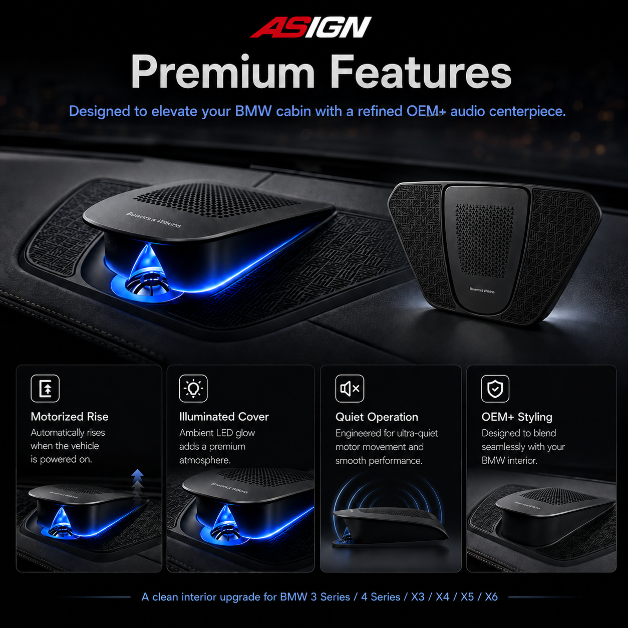 Asign Illuminated Lift-Up Center Speaker Grille With Ambient Lighting For BMW 3 Series / 4 Series / X3 / X4 / X5 / X6 – LHD Only