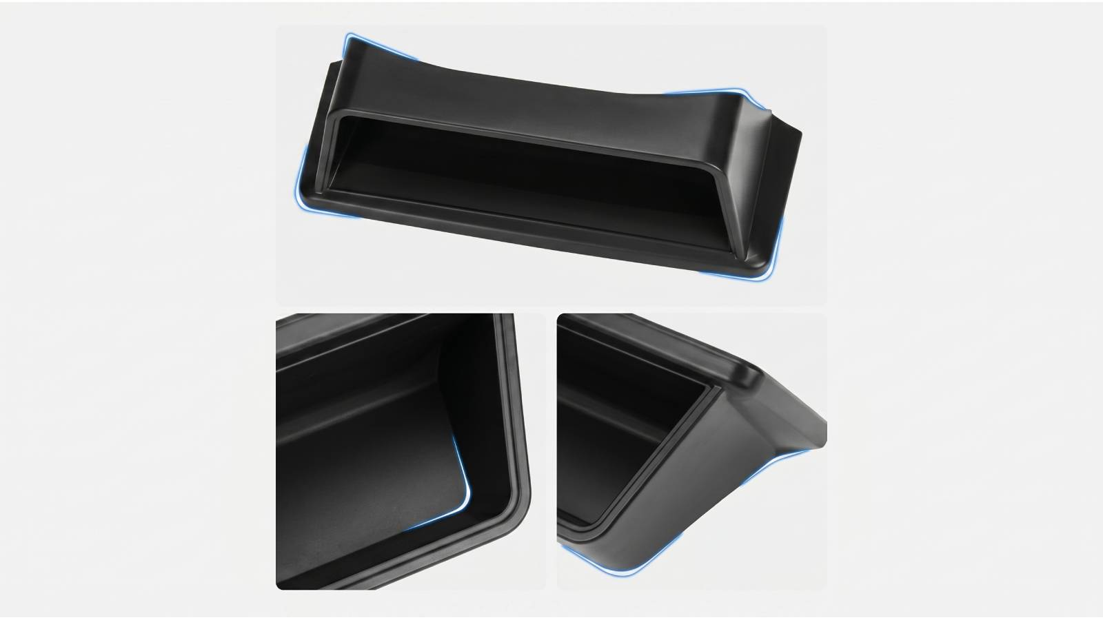 Composite image of a black car dash storage tray and coin box across three panels. Top shows overhead view with blue edge outline. Lower panels feature close-up interior views, highlighting edges with a blue glow to suggest precise fit.