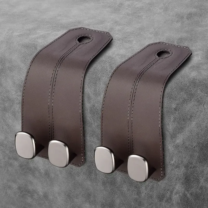 Set of two chestnut brown leather car purse hangers for heavy bags and groceries