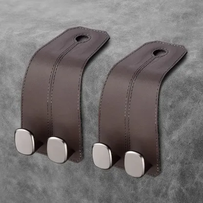 Set of two chestnut brown leather car purse hangers for heavy bags and groceries