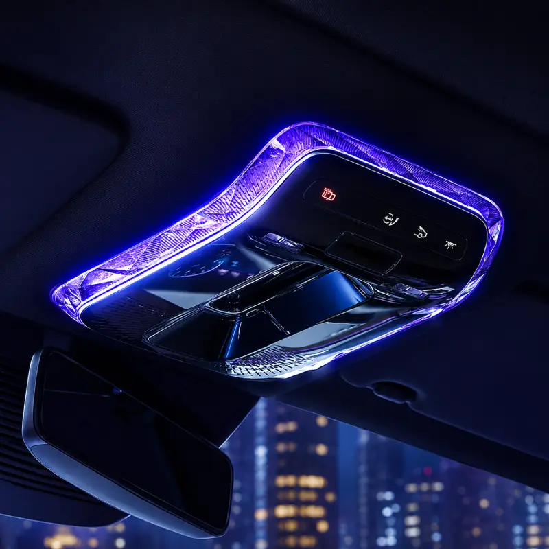 Crystal-style overhead reading light trim installed in a Mercedes-Benz interior at night