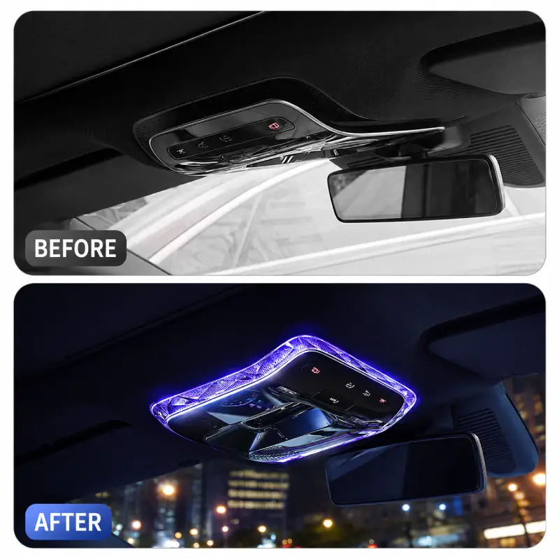 Before and after comparison of crystal-style overhead reading light trim for Mercedes-Benz interior