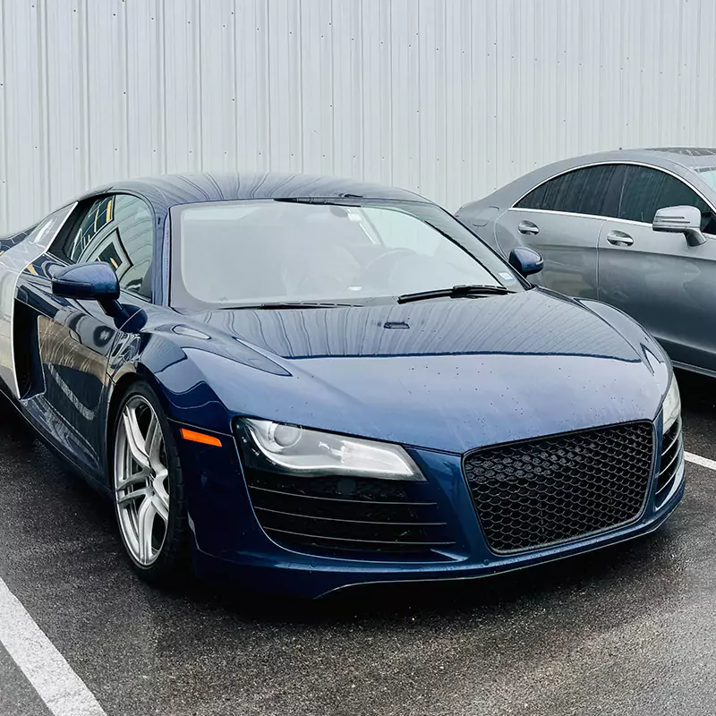 Blue Audi R8 Type 42 with gloss black honeycomb replacement grille