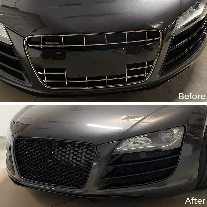 Audi R8 factory grille compared with replacement honeycomb front grille