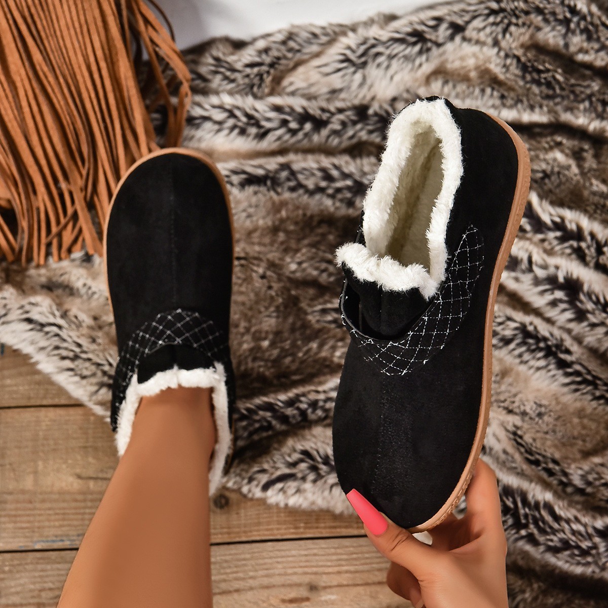 Winter velvet flat round toe cotton boots