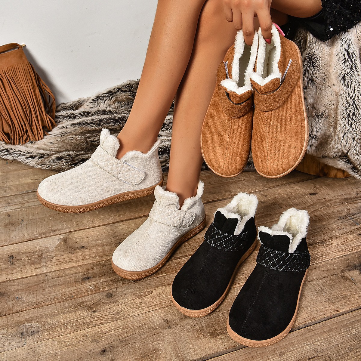 Winter velvet flat round toe cotton boots