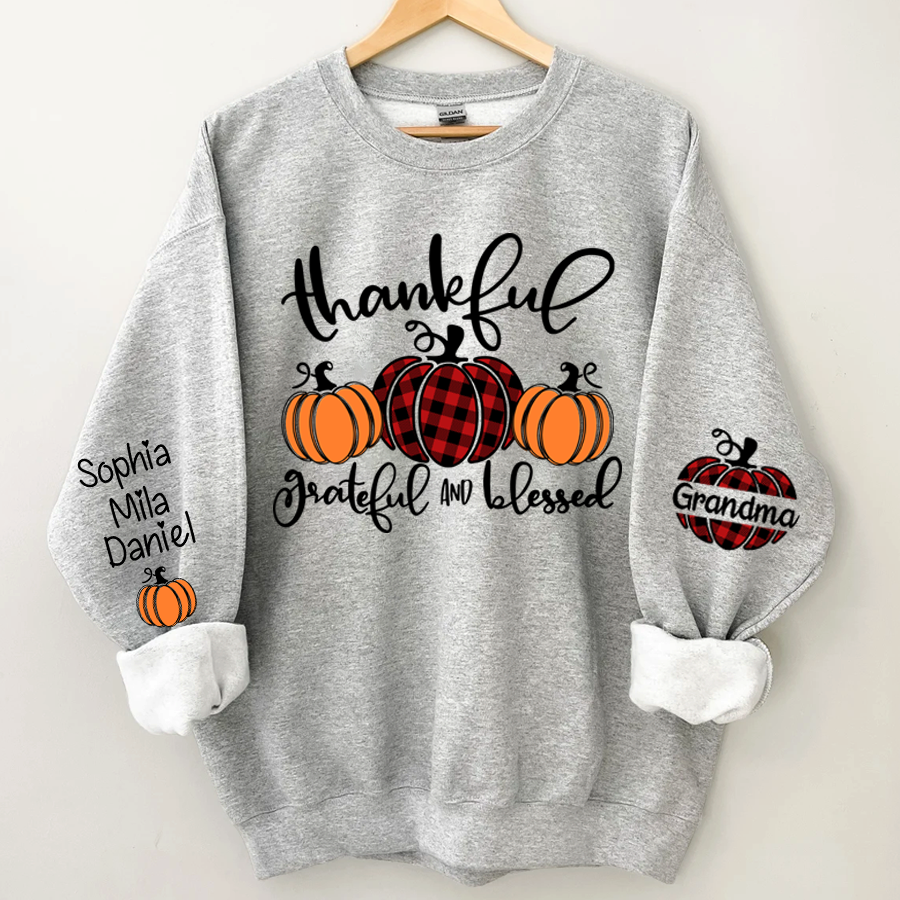 Thankful Grateful And Blessed Grandma Pumpkin With Grandkids Sweatshirt