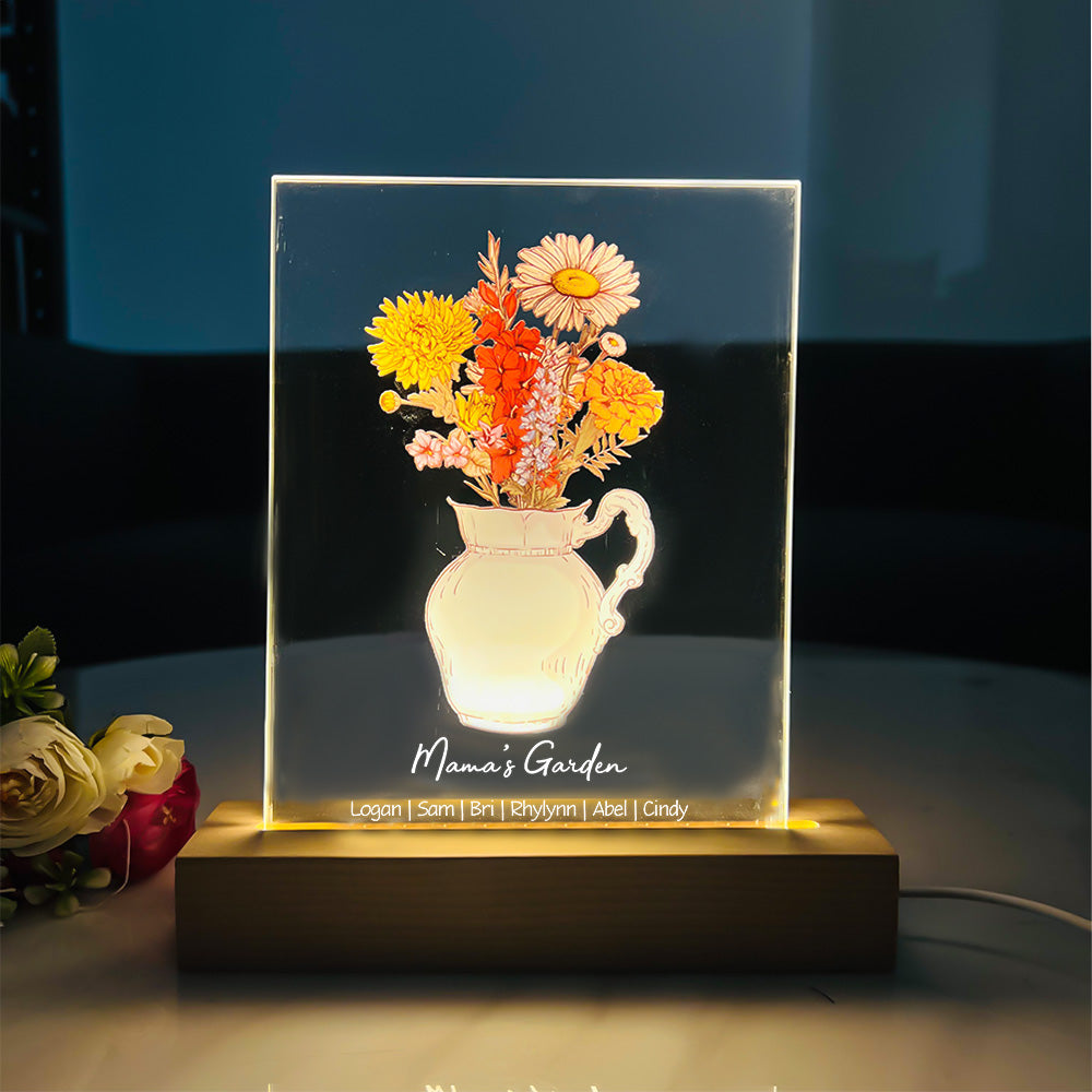 Custom Birth Flower Bouquet Vase LED Light Frame With Name