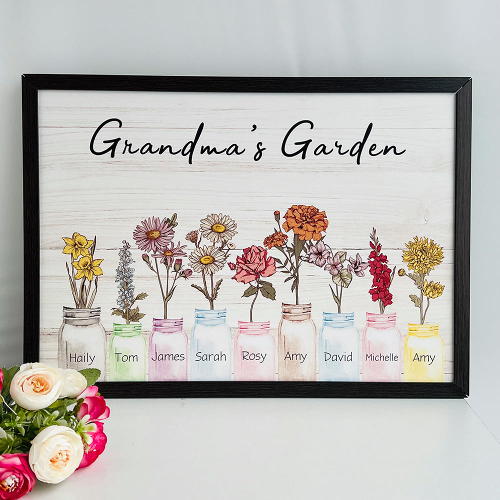 Mom's Garden Names Birth Flower Frame, Jar Vases Art