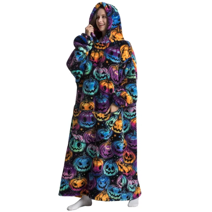 Cute Alpaca & Penguin Print Hoodie Blanket, Oversized Wearable Sweatshirt Pullover, Halloween Blanket