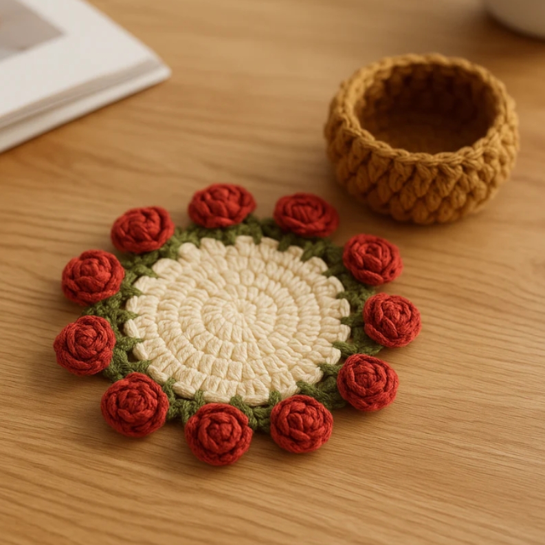 Crochet Rose Bouquet Coaster +Floral Coaster Plant Pot