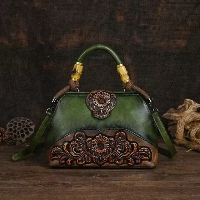 Women Vintage Leather Handmade Carved Bag