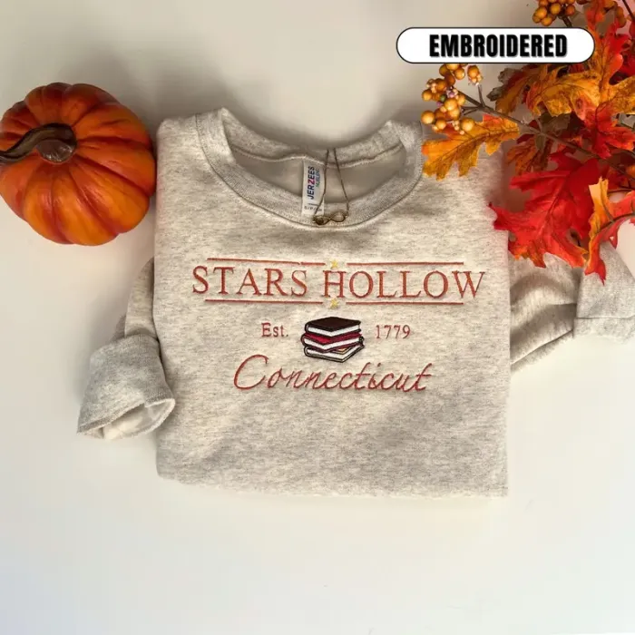 Embroidered Book Lover Stars Hollow Connecticut Crewneck Sweatshirt