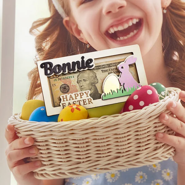 Personalized Cute Pink Blue Easter Bunny Wooden Money Holder with Engraved Name Easter Gift for Kids Adults